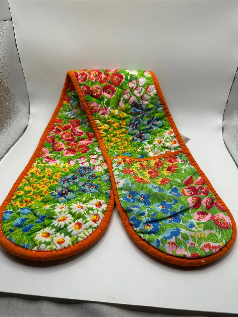 Floral Quilted Double Oven Mitt - Orange Trim